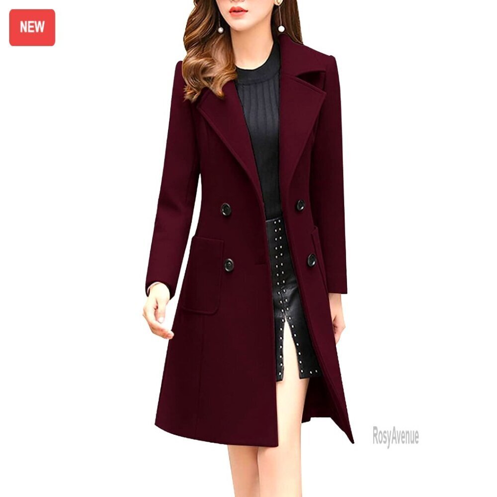 Wool Blend Pea Coat Notched Lapel Double Breasted Winter Overcoat Mid-Long